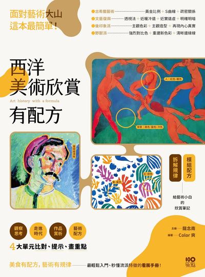 西洋美術欣賞,有配方:面對藝術大山,這本最簡單。給藝術小白的模組配方,拆解規律,比對、提示、畫重點,秒懂流派特徵 出版公司:原點出版 作者:龍念南、Color爽 類型:藝術設計-藝術美學 EPUB電子書 繁體中文版