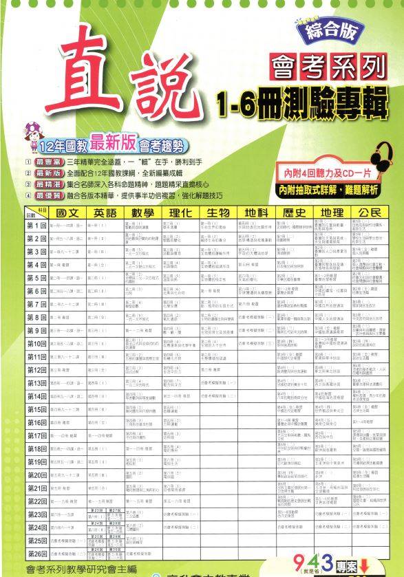 109年 國中會考 高升鑫 直說測驗卷 綜合版 1-6冊 全科目(含英語聽力測試MP3) 卷類光碟DVD版