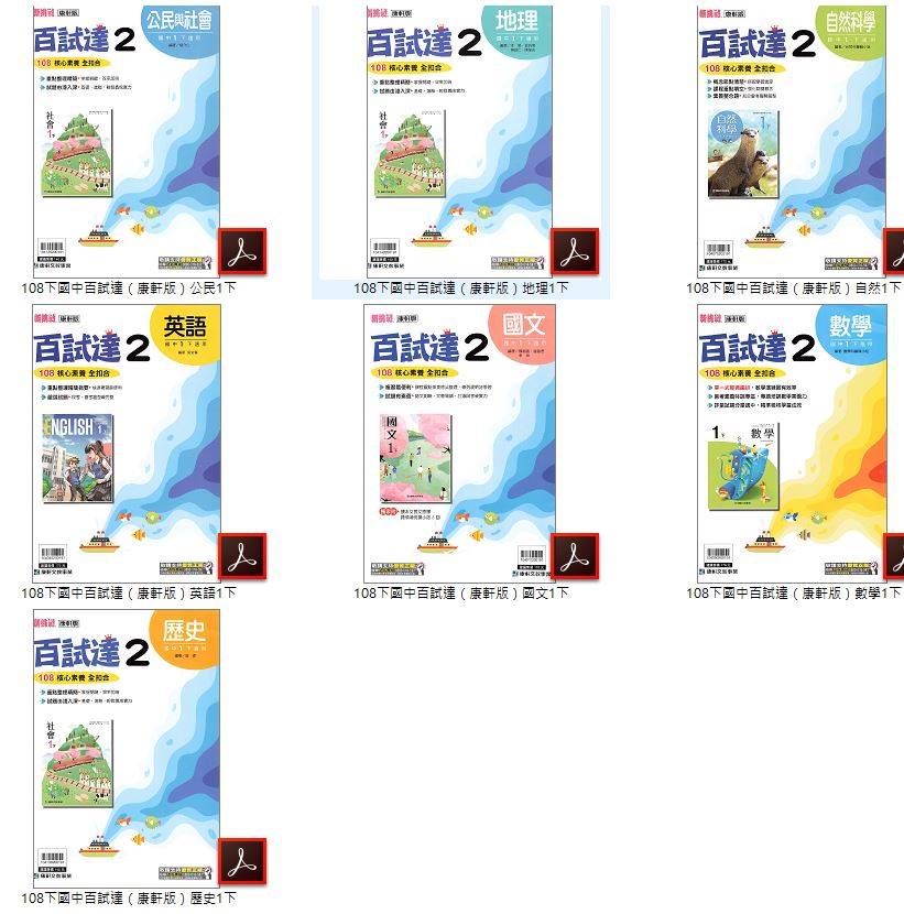 108學年下學期 國中百試達評量卷 康軒版 1-3年級 全科目 卷類光碟DVD版