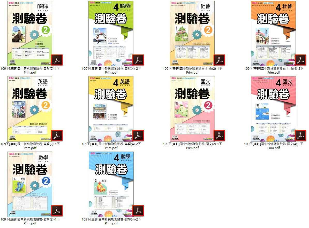 109學年下學期 國中門市卷 1-2年級 全科目 南一版 百分百評量卷+翰林版 新無敵實力評量卷+康軒版 國中新挑戰測驗卷 卷類光碟