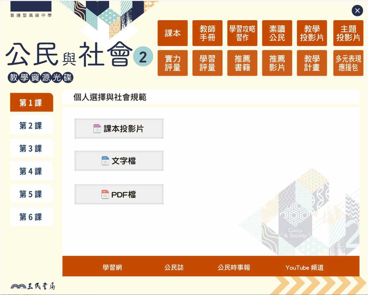 109學年下學期 高中 三民版 公民與社會科 1年級 教學光碟