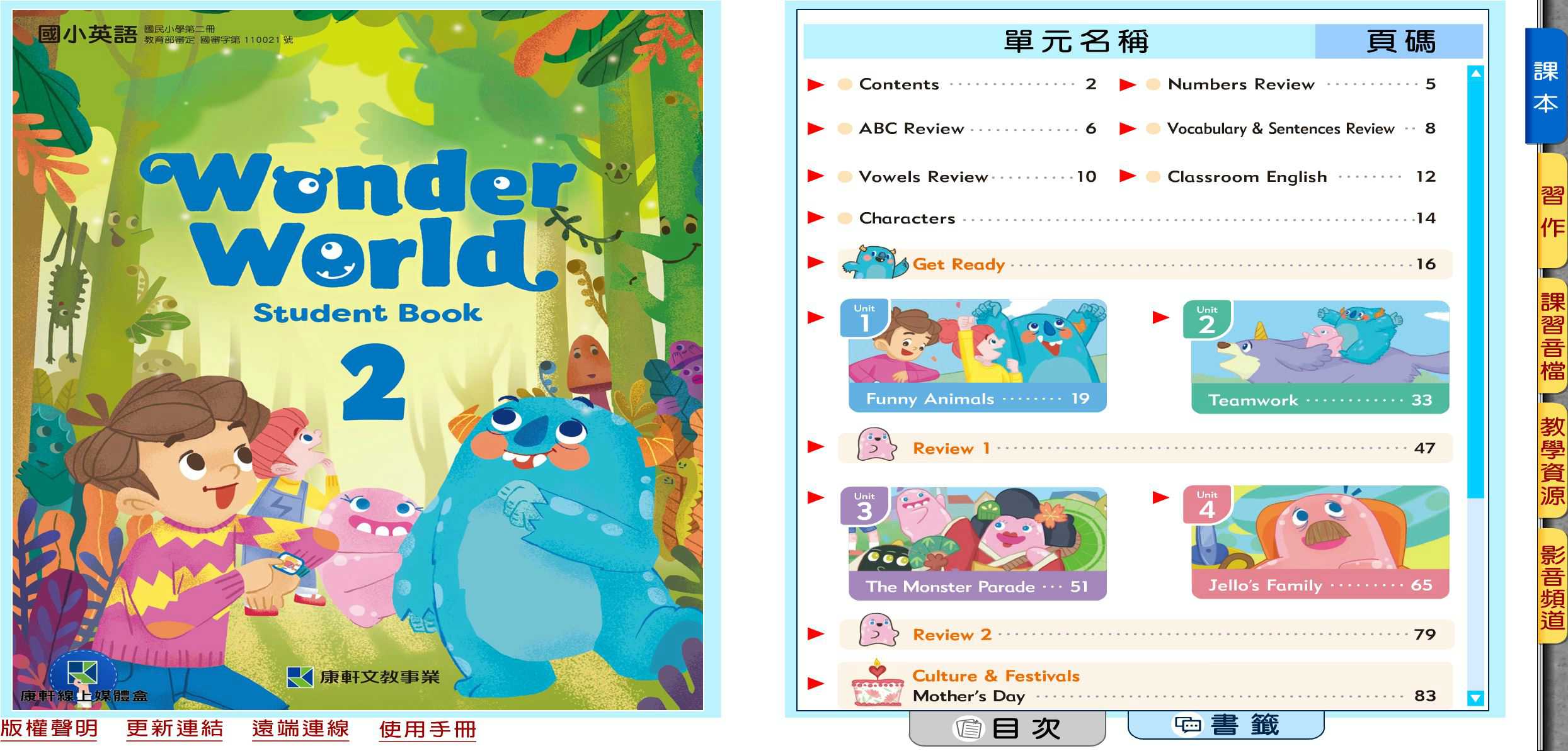 110學年下學期 國小 康軒版 英語電子書 Wonder World 第2冊(含課本、習作含解答) 教學光碟