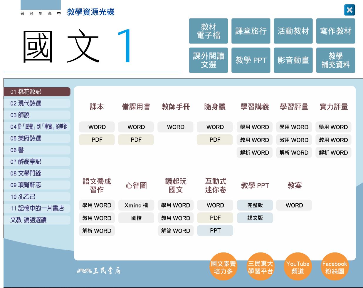111學年上學期 高中 三民版 國文科 1年級 教學光碟