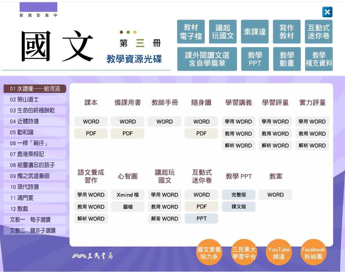 111學年上學期 高中 三民版 國文科 2年級 教學光碟