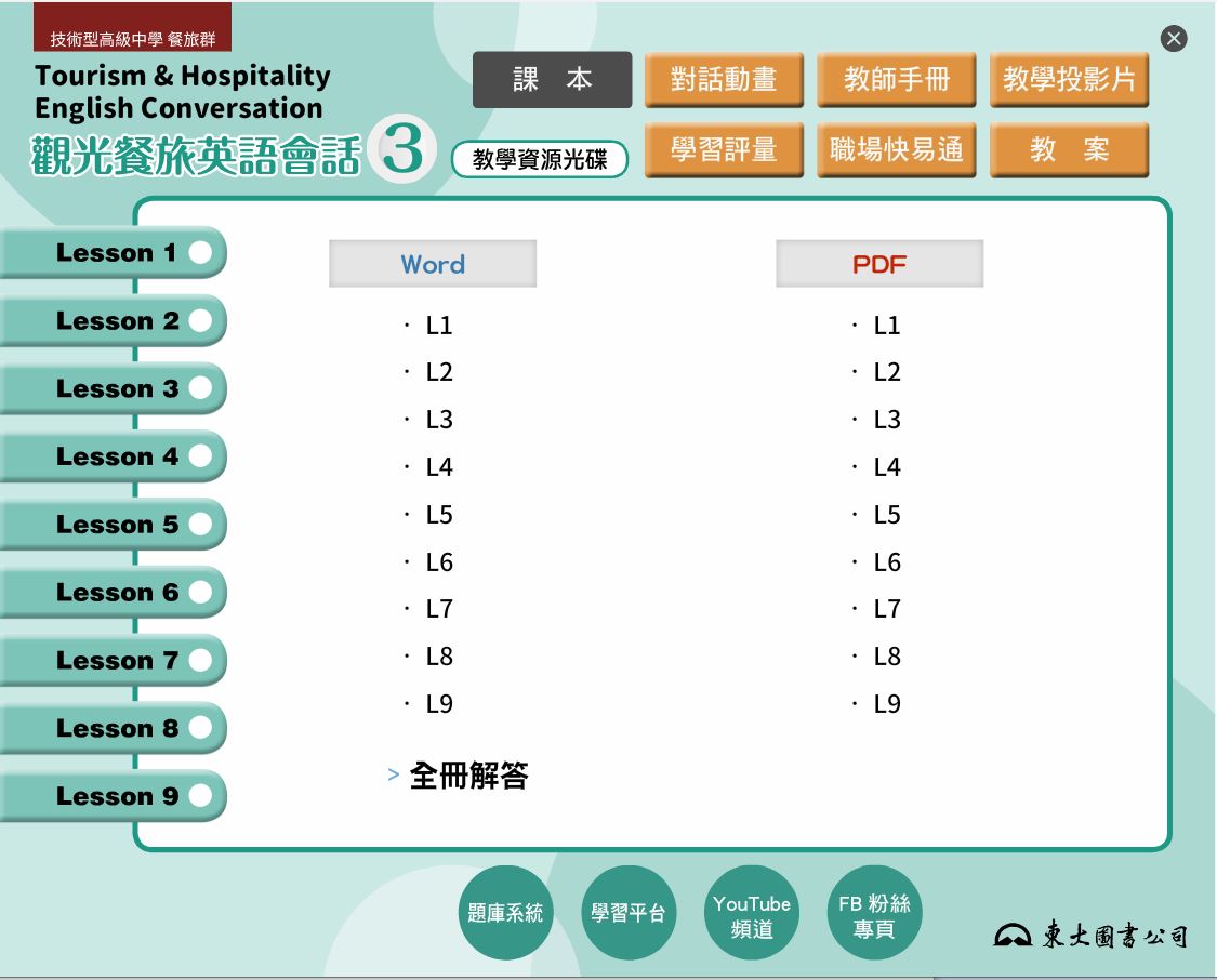 111學年上學期 技術高中命題+教學 三民東大版 觀光餐旅英文 第3冊 題庫+教學光碟