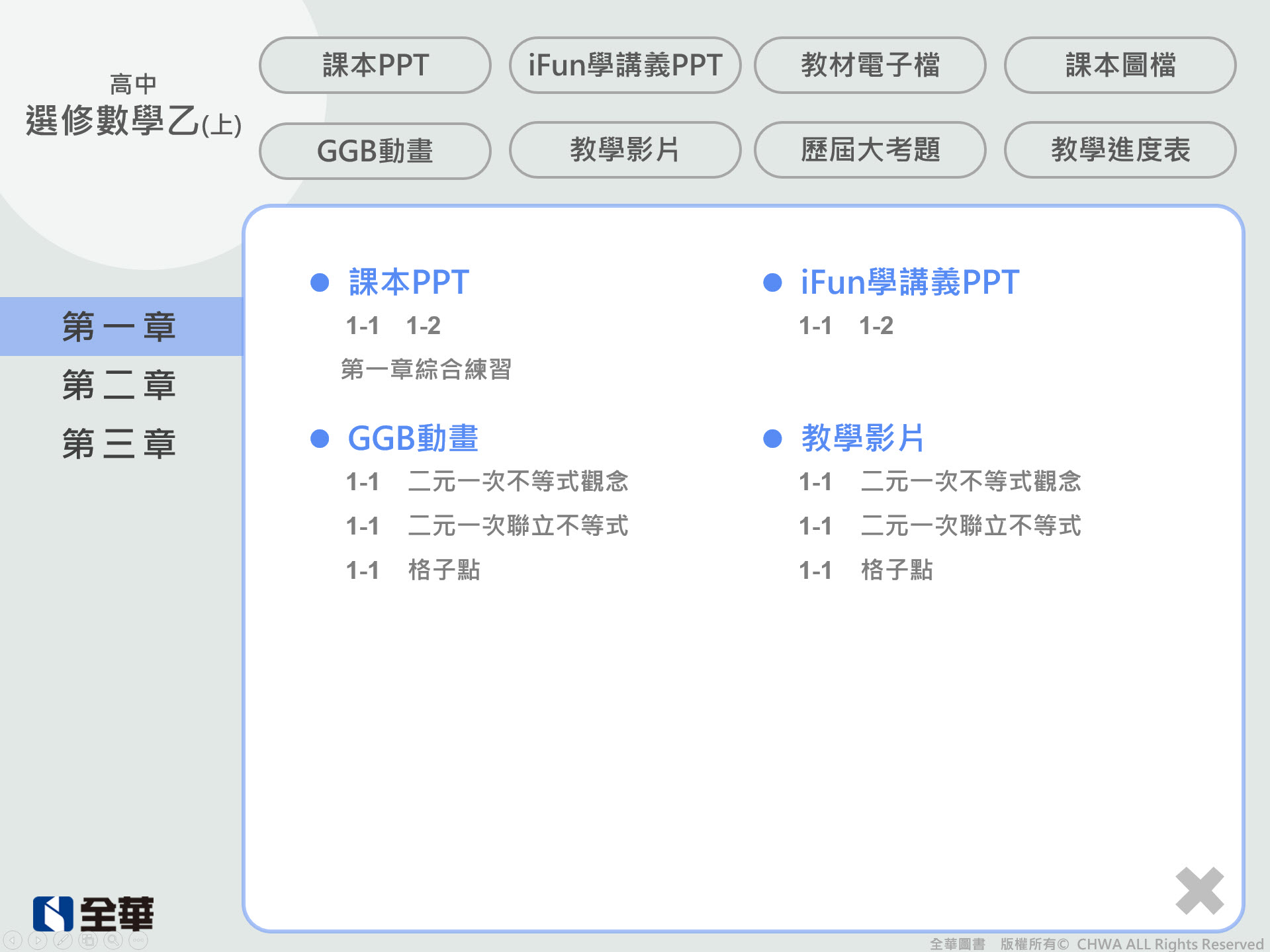 111學年上學期 高中 全華版 選修數學(乙上) 教學光碟
