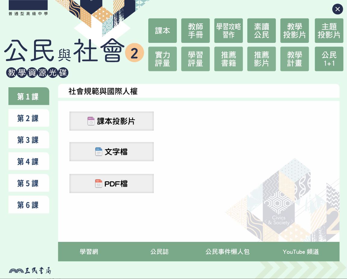 111學年下學期 高中 三民版 公民與社會科 1年級 教學光碟