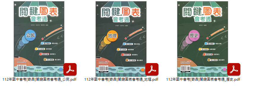 112年國中會考 [高升鑫]直說測驗卷 1~6冊 全科目 + [奇鼎]關鍵圖表會考通 地理、歷史、公民 卷類光碟