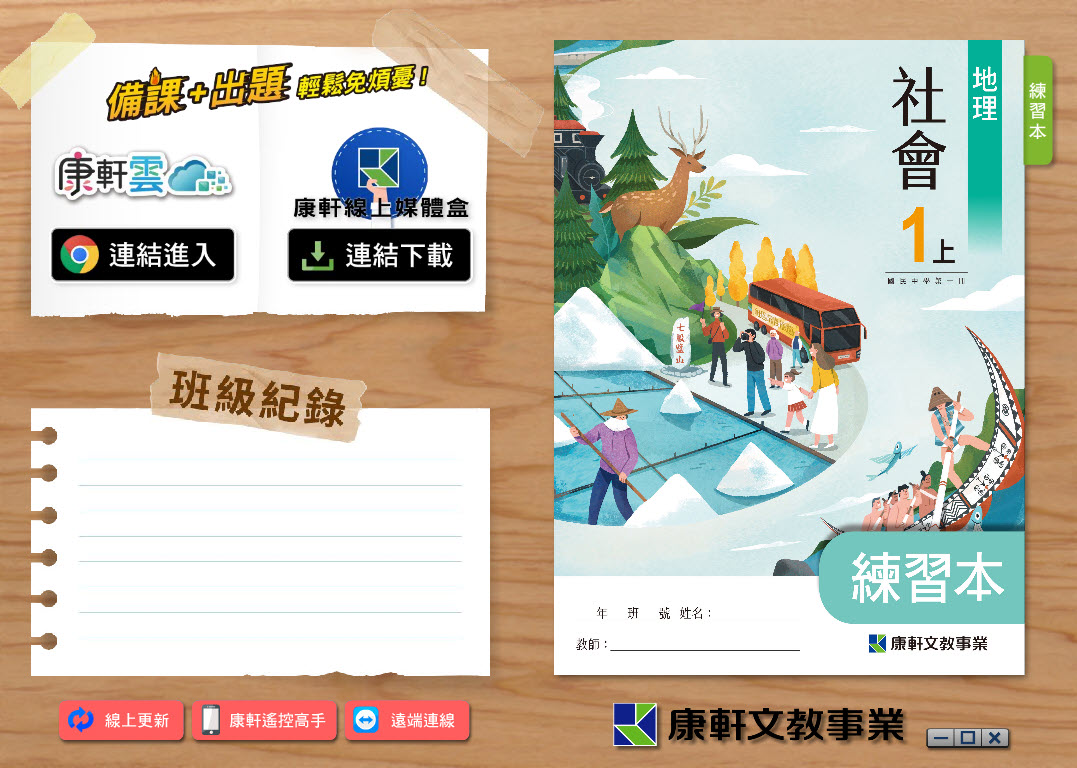 112學年上學期 國中 康軒版 地理 練習本電子書 1年級 教學光碟