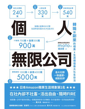 個人無限公司轉職和副業的相乘x生涯價值最大化生存法【熱銷三版】 出版公司:方舟文化 作者:moto 類型:商業-職場成功法 PDF電子書 繁體中文版